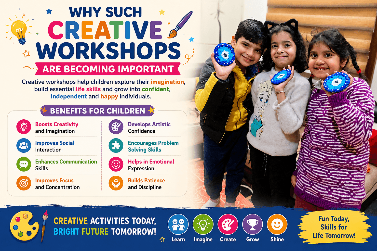 Children participating in creative workshop activities in Mathura