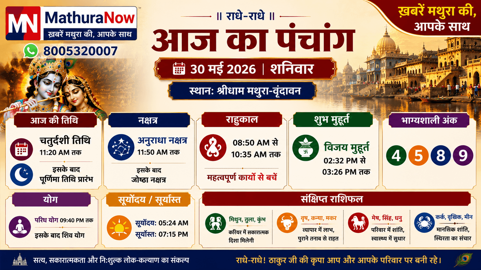 Aaj Ka Panchang 30 May 2026 in English | Today Rashifal, Choghadiya & Jyeshtha Purnima Eve