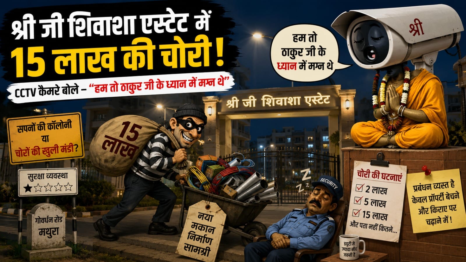 ₹15 Lakh Theft Sparks Questions Inside Mathura’s Premium Shivasha Estate 3 Shivasha Estate Theft, Mathura News, Govardhan Road News, Mathura Colony Theft, CCTV Failure Mathura, Local News Mathura, Mathura Society News, Crime News Mathura, MathuraNow, Mathura Residential Colony