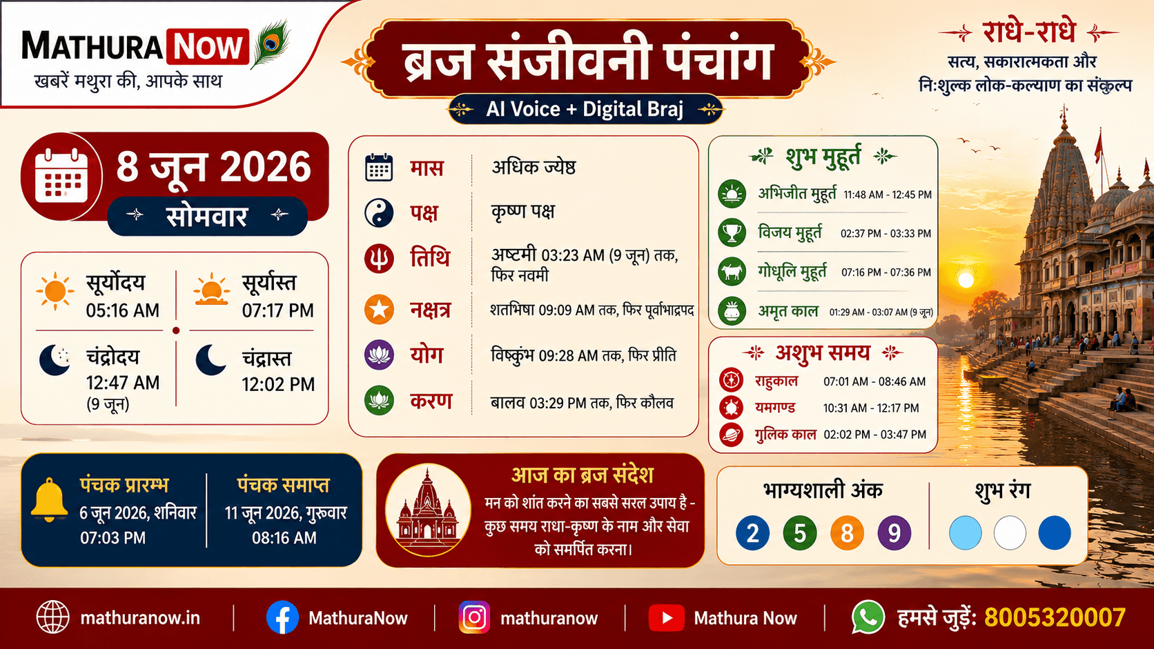 Braj Sanjeevani Panchang Today: 8 June 2026 Rahukaal, Panchak, Shubh Muhurat