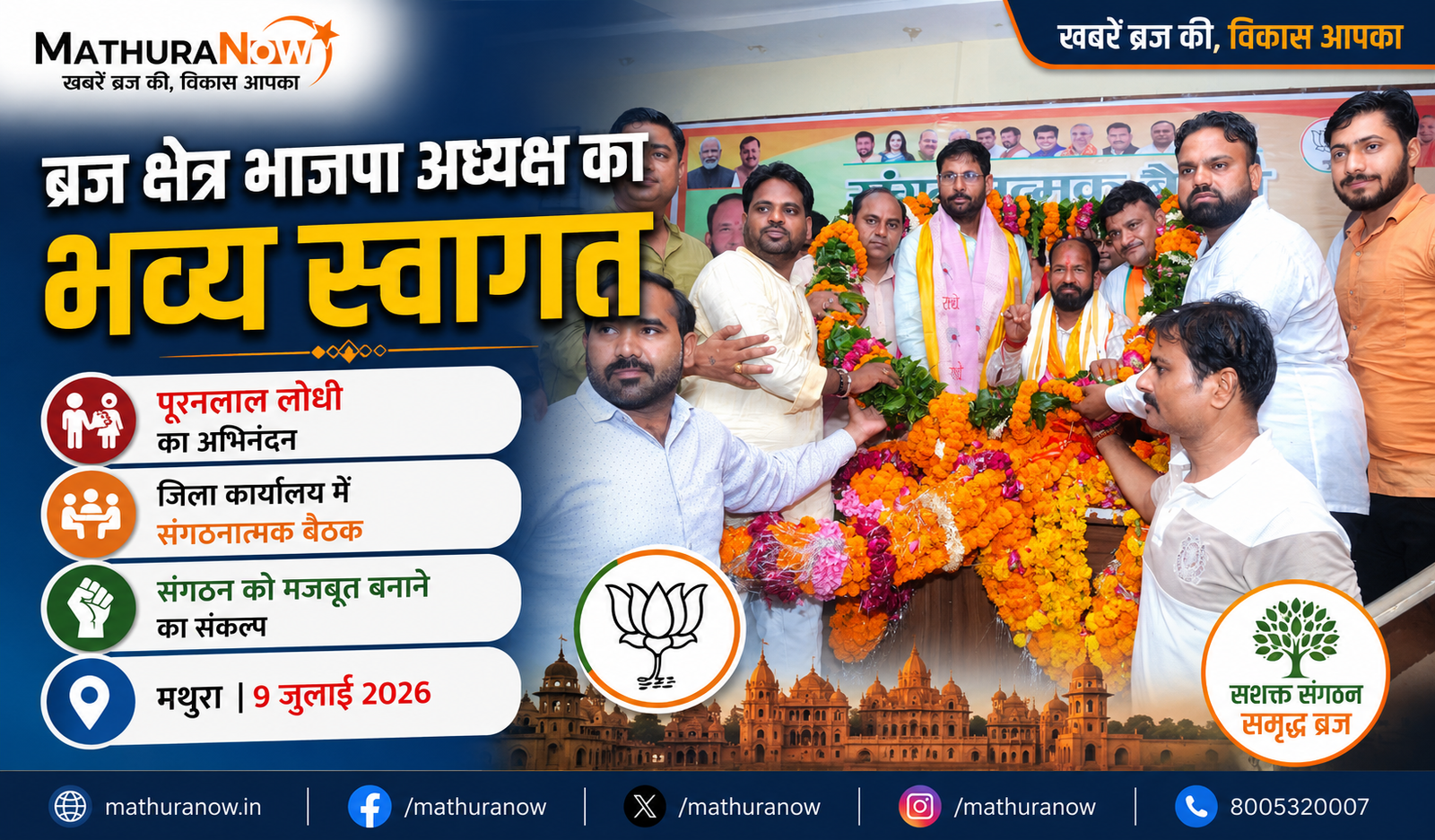 BJP Welcomes Newly Appointed Braj Region President Pooranlal Lodhi in Mathura