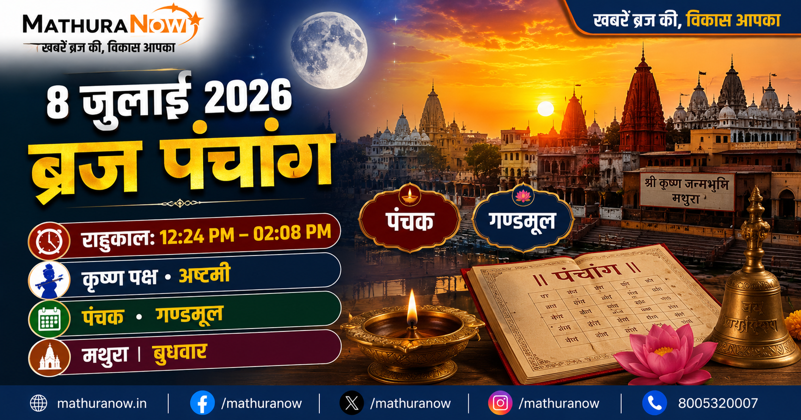 Braj Panchang for July 8 2026 Ashtami Panchaka Ganda Moola