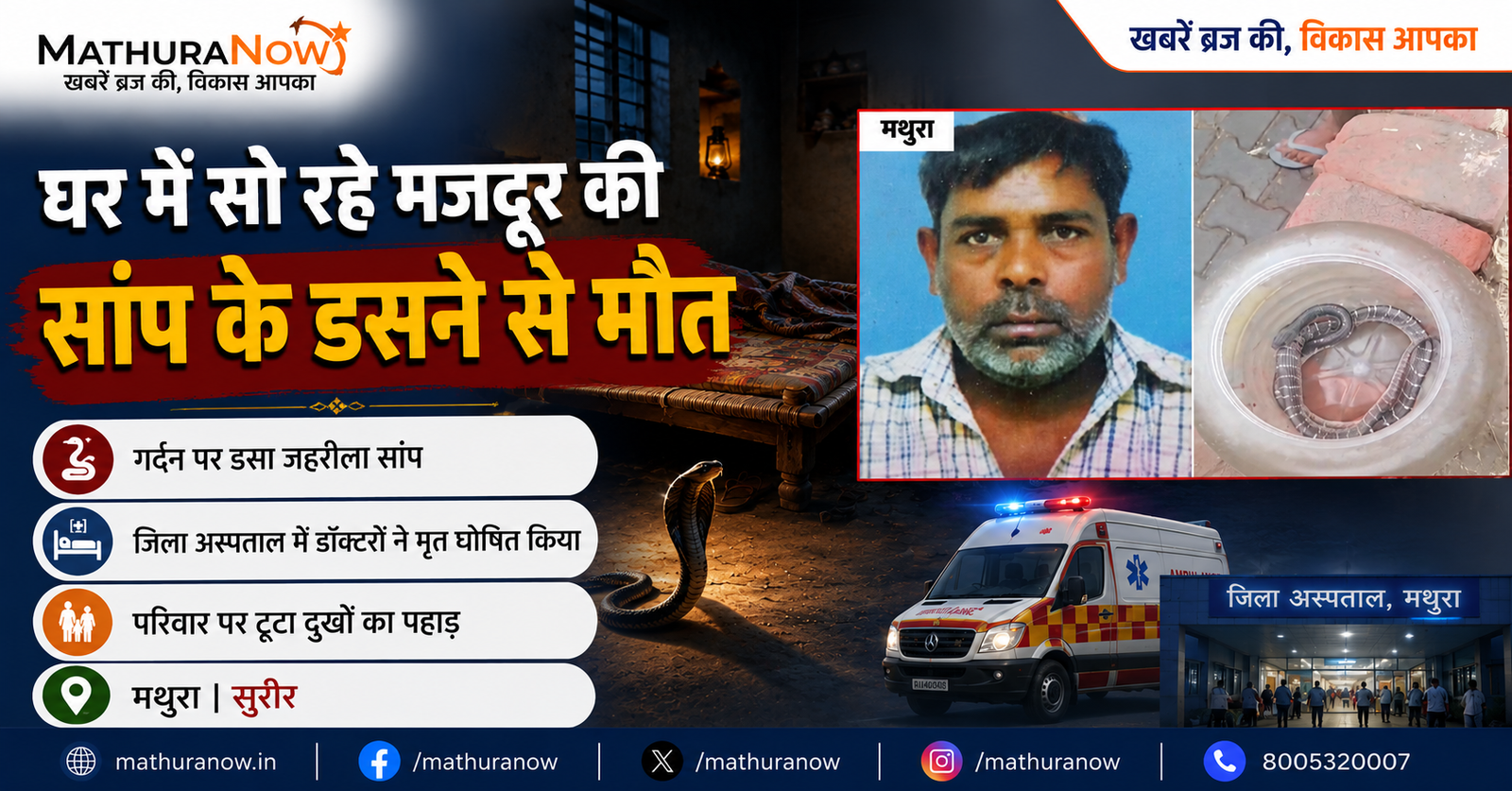 Disabled Labourer Dies After Snake Bite While Sleeping in Mathura Village