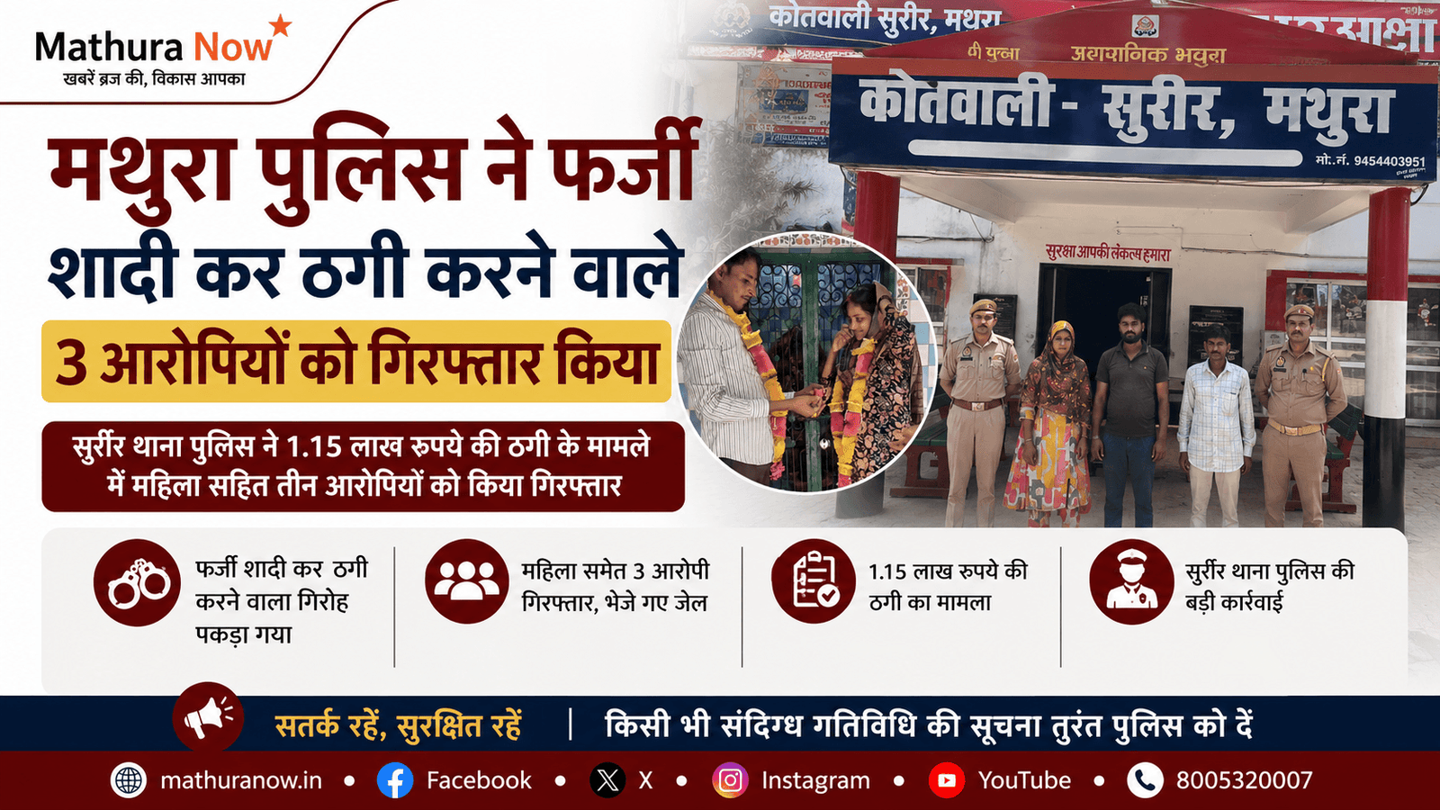 मथुरा पुलिस ने शादी में धोखाधड़ी के आरोप में तीन लोगों को गिरफ्तार किया। Mathura Police Arrest Trio for Wedding Fraud