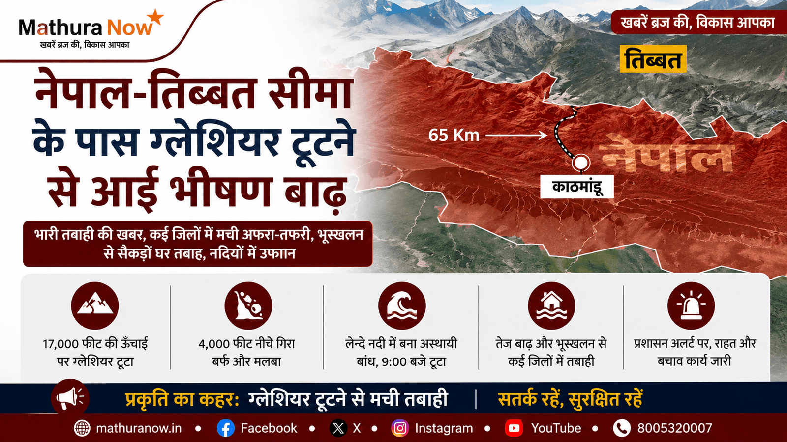 नेपाल-तिब्बत सीमा के पास भीषण हिमनद पिघलने और बाढ़ की खबर 1 Severe Glacial Collapse and Flooding Reported Near Nepal-Tibet Border