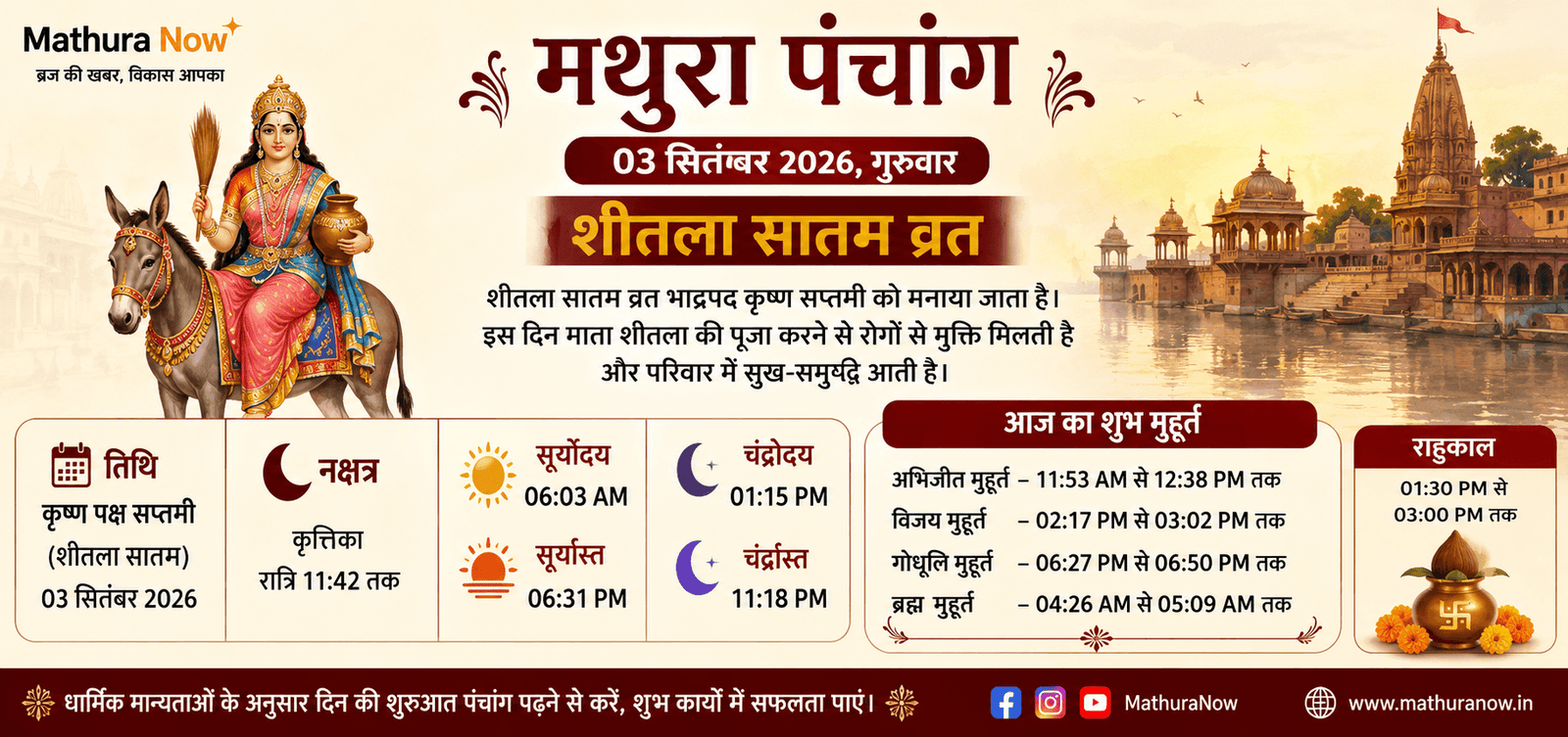 Mathura Panchang for September 3, 2026: Shitala Satam and Daily Timings